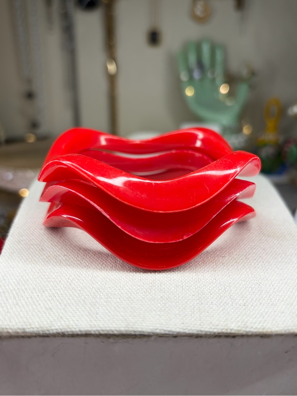 Vintage 70s Red Wavy Bangle Set 3 Bracelet Stack Jewelry Retro Bright Colorful